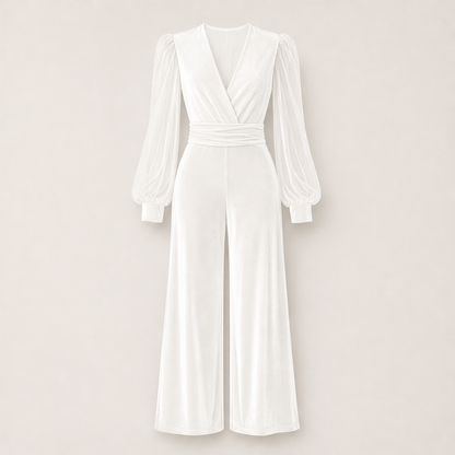 Velmira – Tuta in Velluto con Scollo a V e Maniche in Mesh White