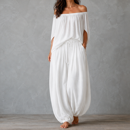 Velmara – Completo Top Spalle Scoperte e Pantaloni Lanterna White