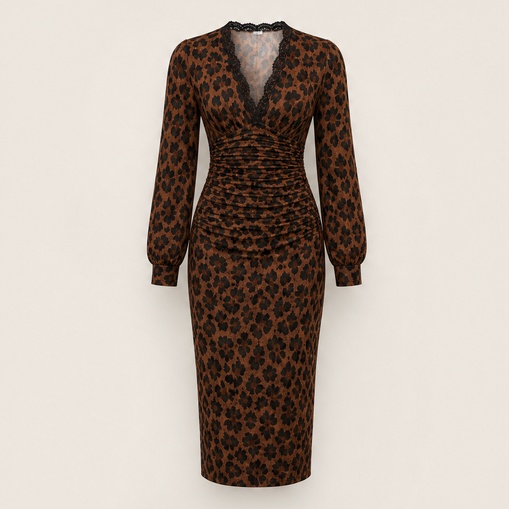 Velmara – Abito Midi Leopardato con Pizzo Brown Leopard