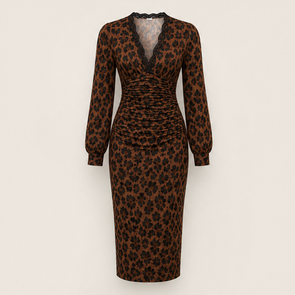 Velmara – Abito Midi Leopardato con Pizzo Brown Leopard