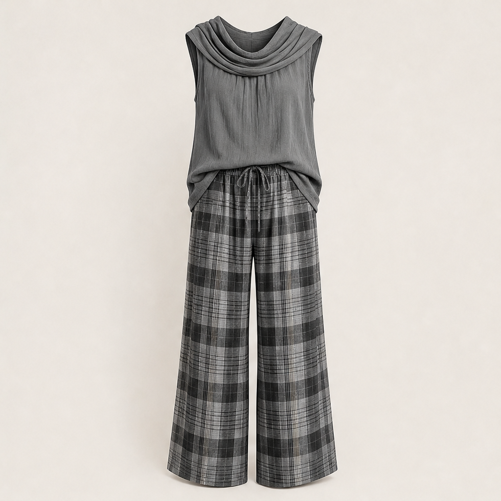 Voliara – Completo Top Smanicato e Pantaloni a Quadri Grey