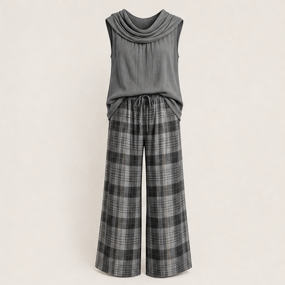 Voliara – Completo Top Smanicato e Pantaloni a Quadri Grey