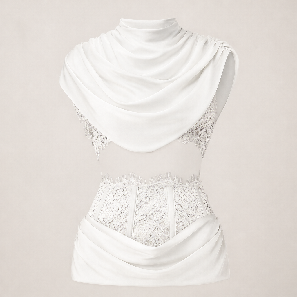 Novarra – Top a Mantella in Raso con Pizzo White
