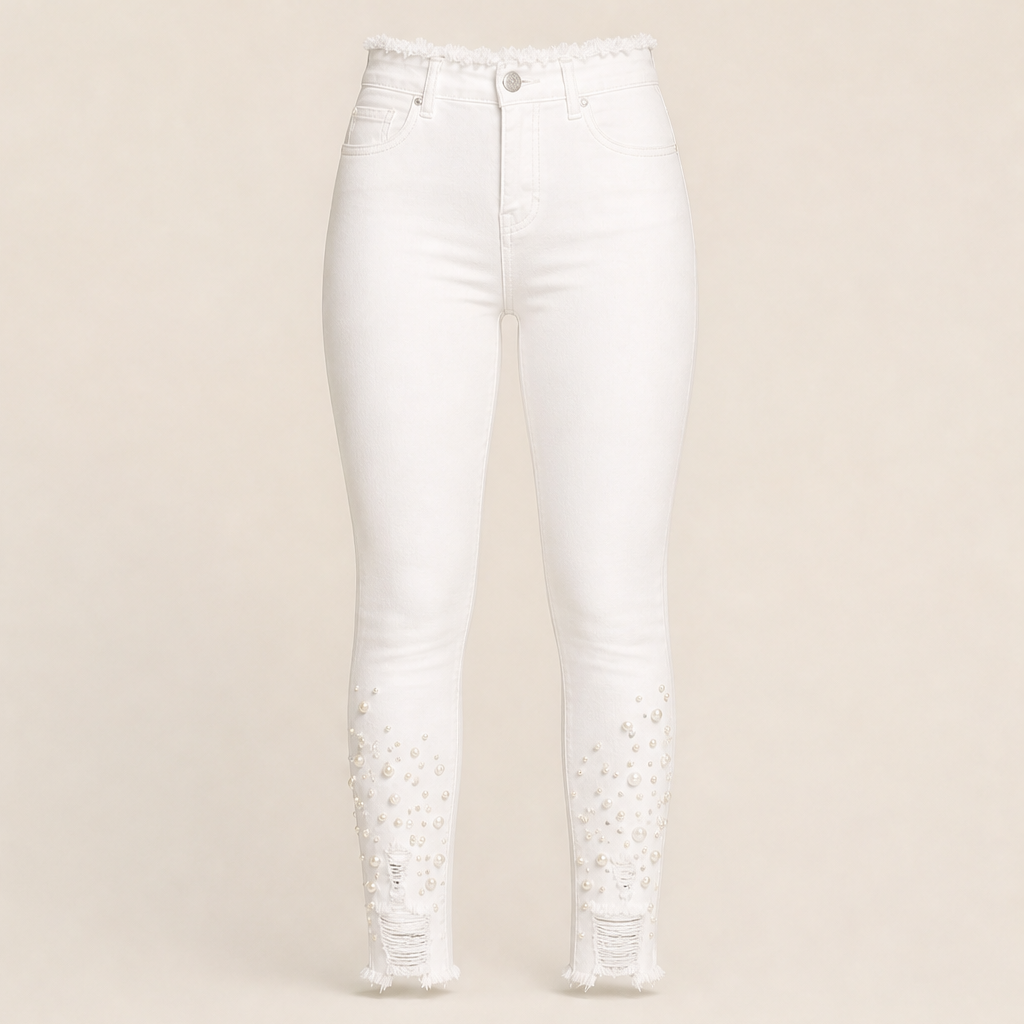 Perlavia – Jeans Skinny con Perle e Orlo Sfrangiato White