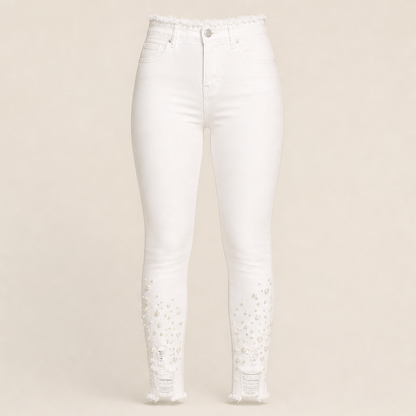 Perlavia – Jeans Skinny con Perle e Orlo Sfrangiato White