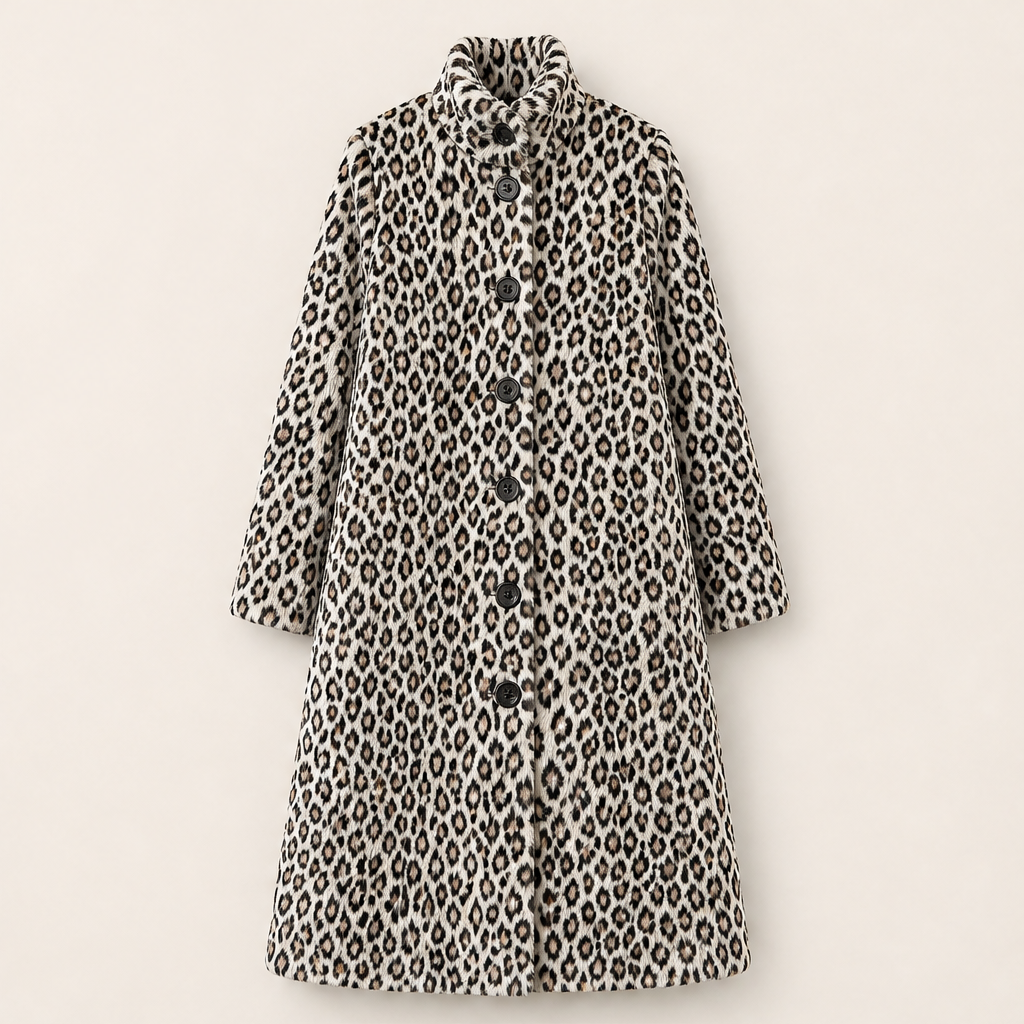 Velmara – Cappotto Leopardato Collo Alto in Eco-Pelliccia Beige