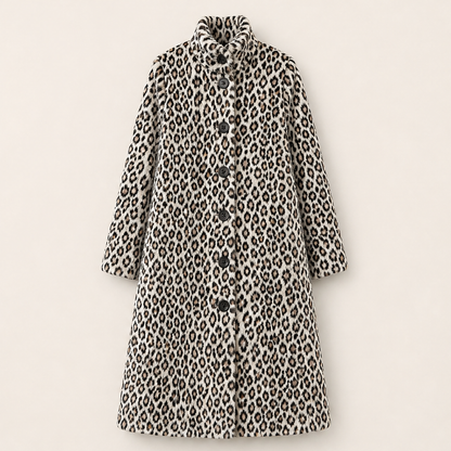 Velmara – Cappotto Leopardato Collo Alto in Eco-Pelliccia Beige