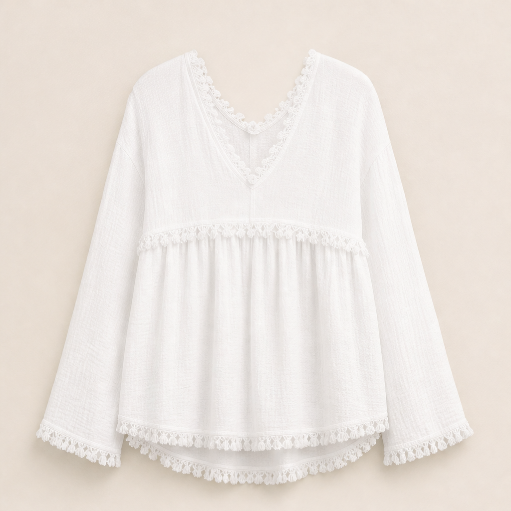 Taverosa – Blusa Babydoll con Frange e Scollo a V White