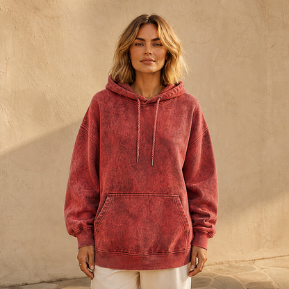 Varonne – Felpa Oversize Acid Wash con Cappuccio Red