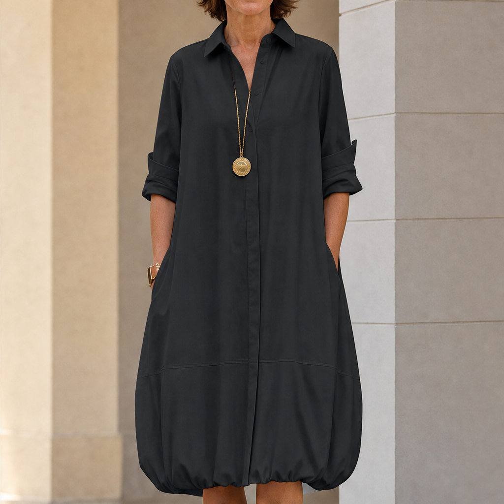 Abito Camicia Bianco con Bottoni | Vestito Casual Donna a Palloncino - Maniche Arrotolabili Black
