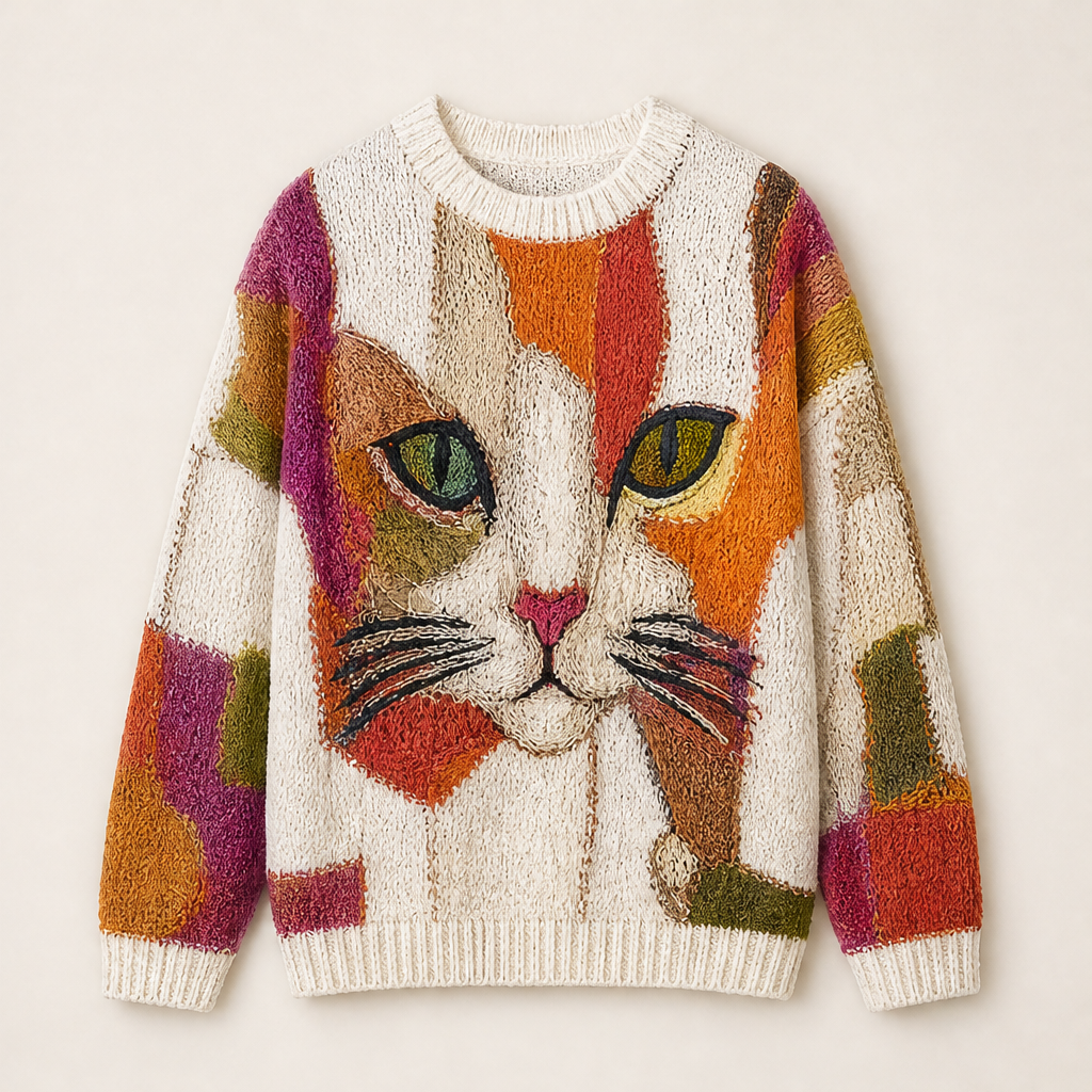 Chaya – Maglione Patchwork Ricamato Faccia di Gatto Cream