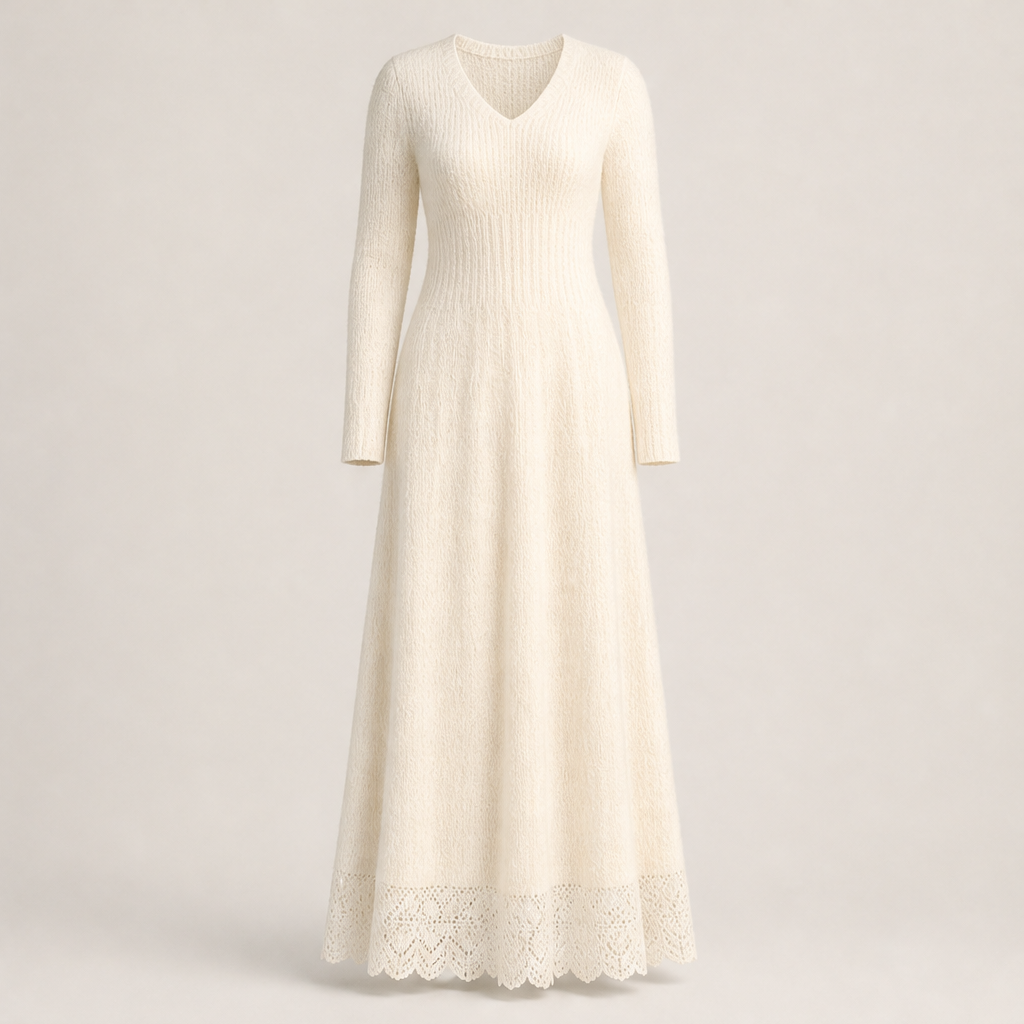 Velmora – Abito Maxi in Maglia con Pizzo White