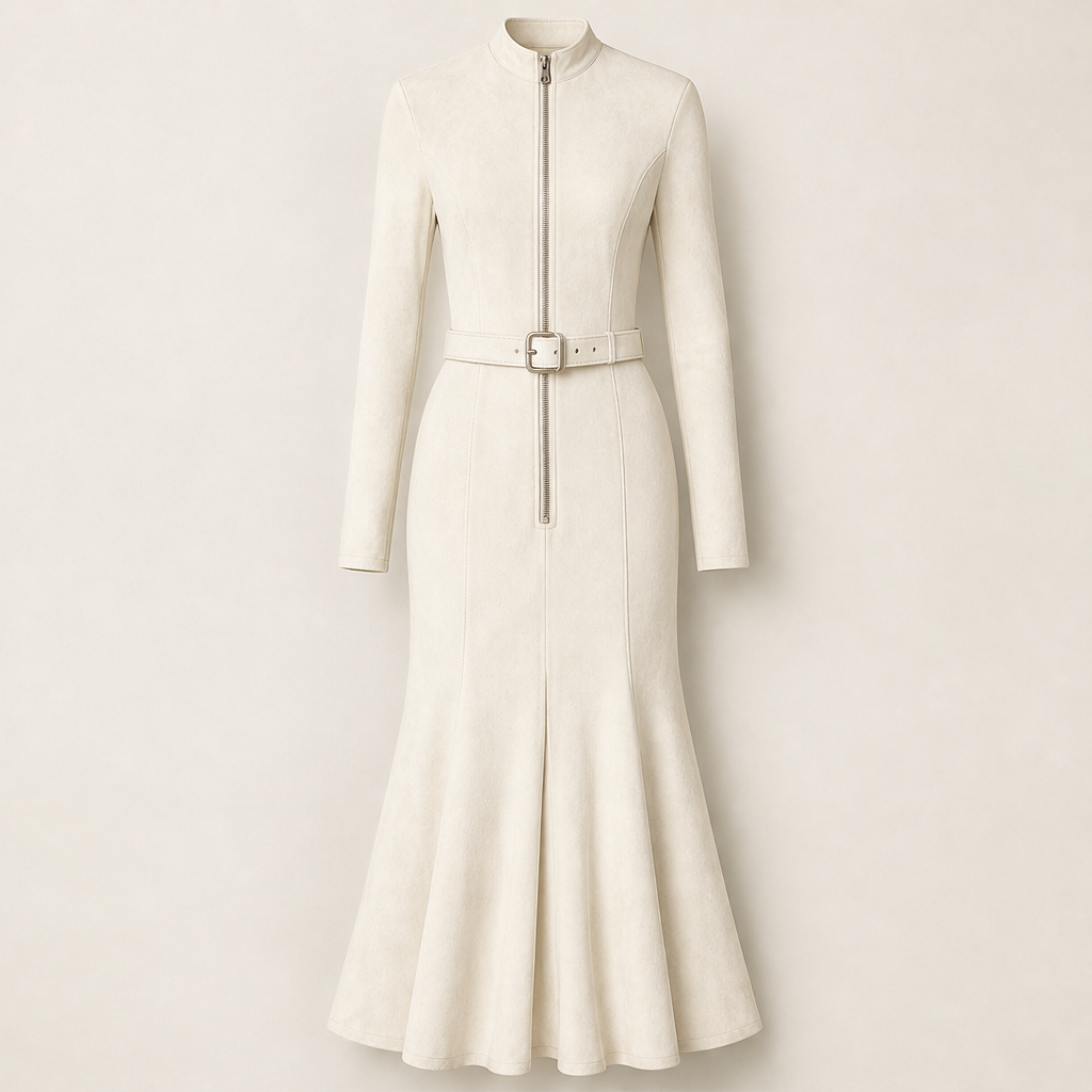 Velmora – Abito Lungo in Suede con Zip a Sirena Beige