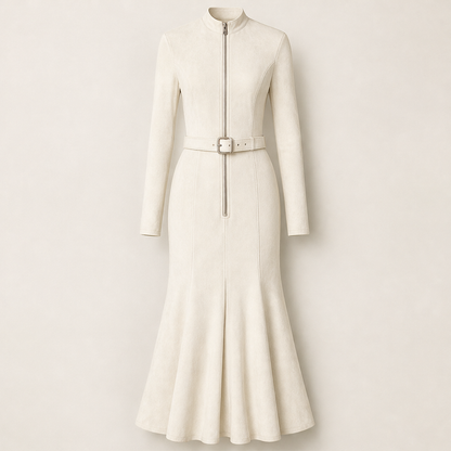 Velmora – Abito Lungo in Suede con Zip a Sirena Beige