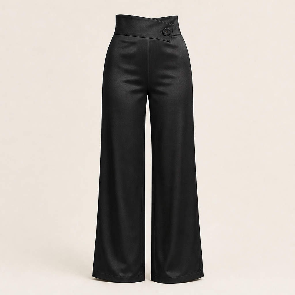 Varonia – Pantaloni Larghi in Raso Vita Asimmetrica Black