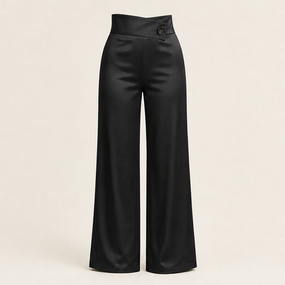 Varonia – Pantaloni Larghi in Raso Vita Asimmetrica Black
