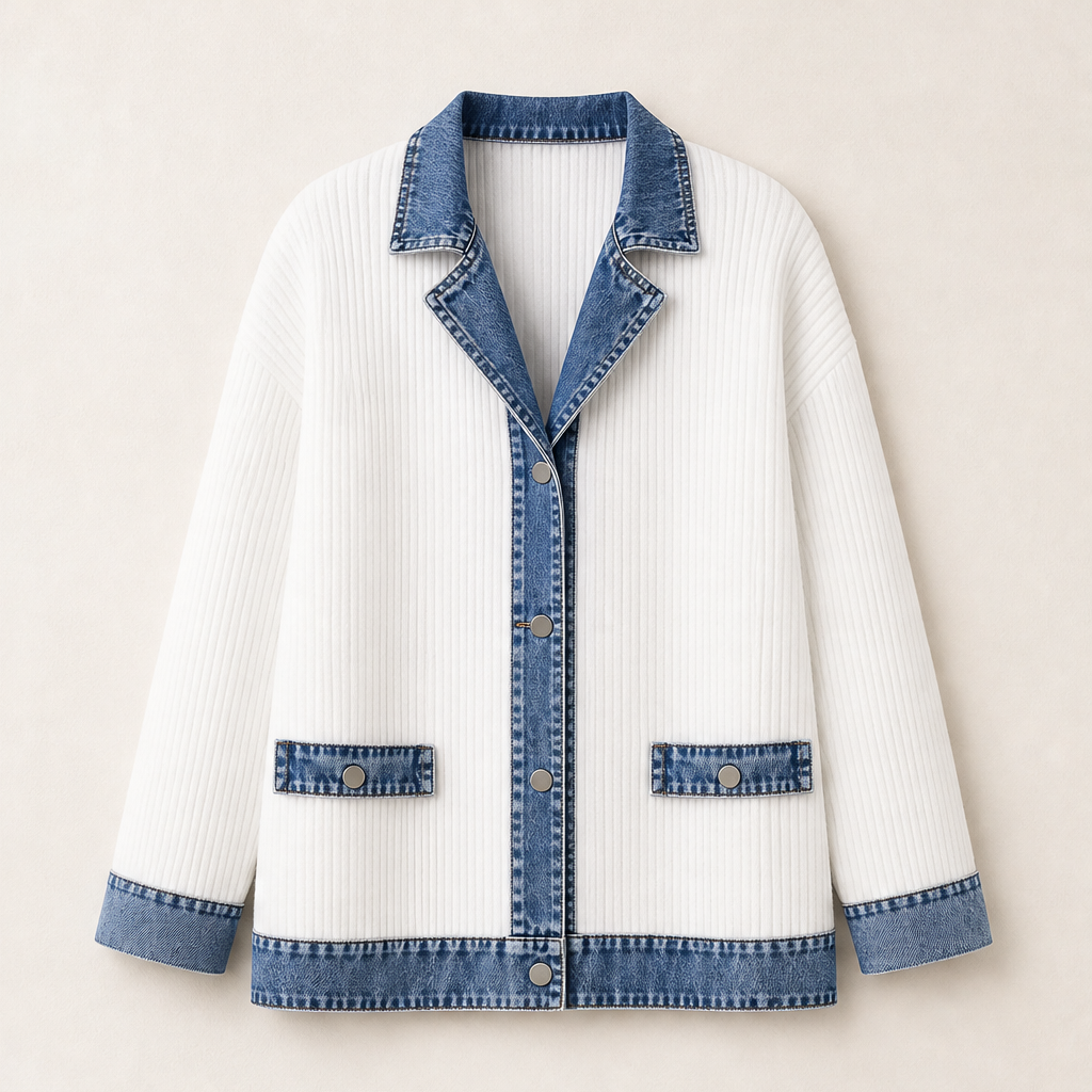 Venzola – Cardigan in Maglia con Colletto in Denim White