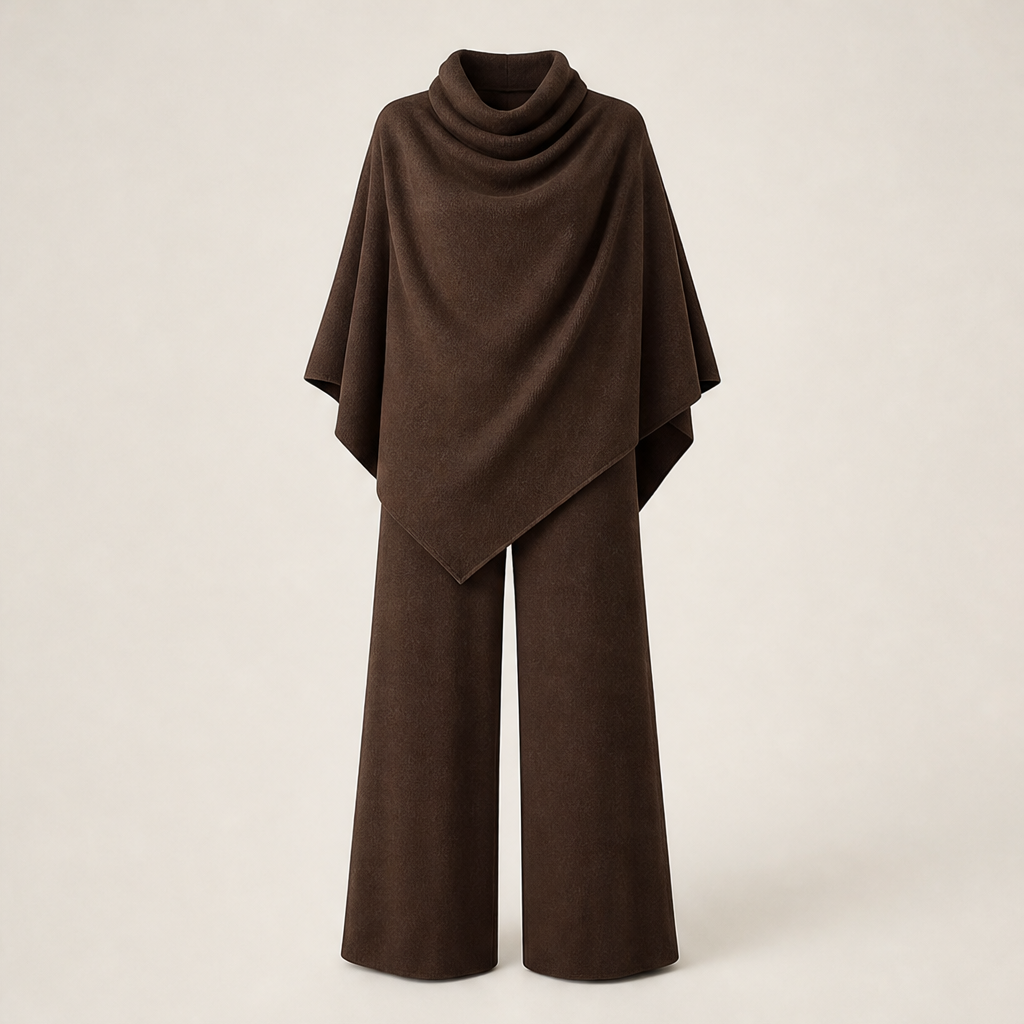 Voliana – Completo Mantella Collo Alto e Pantaloni Palazzo Brown
