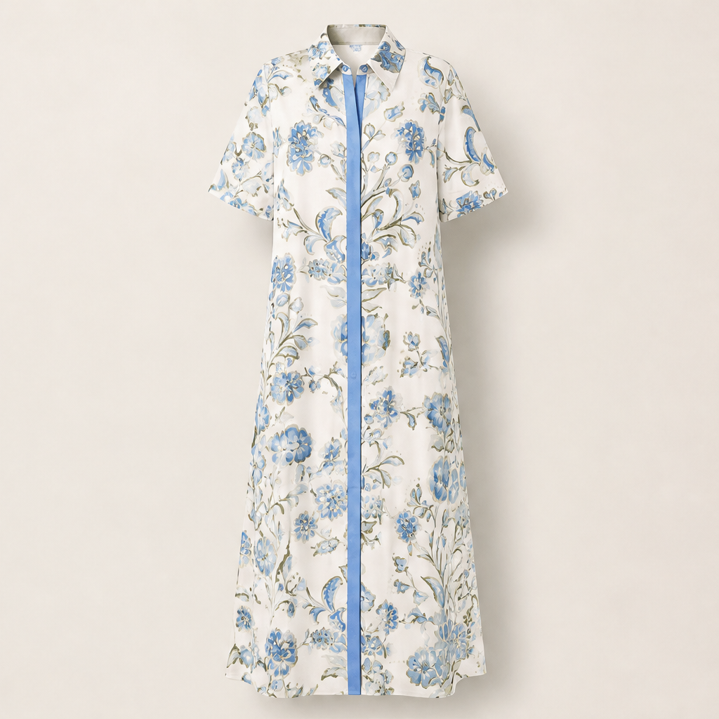 Florentia – Abito Camicia Maxi a Contrasto Floreale Ivory