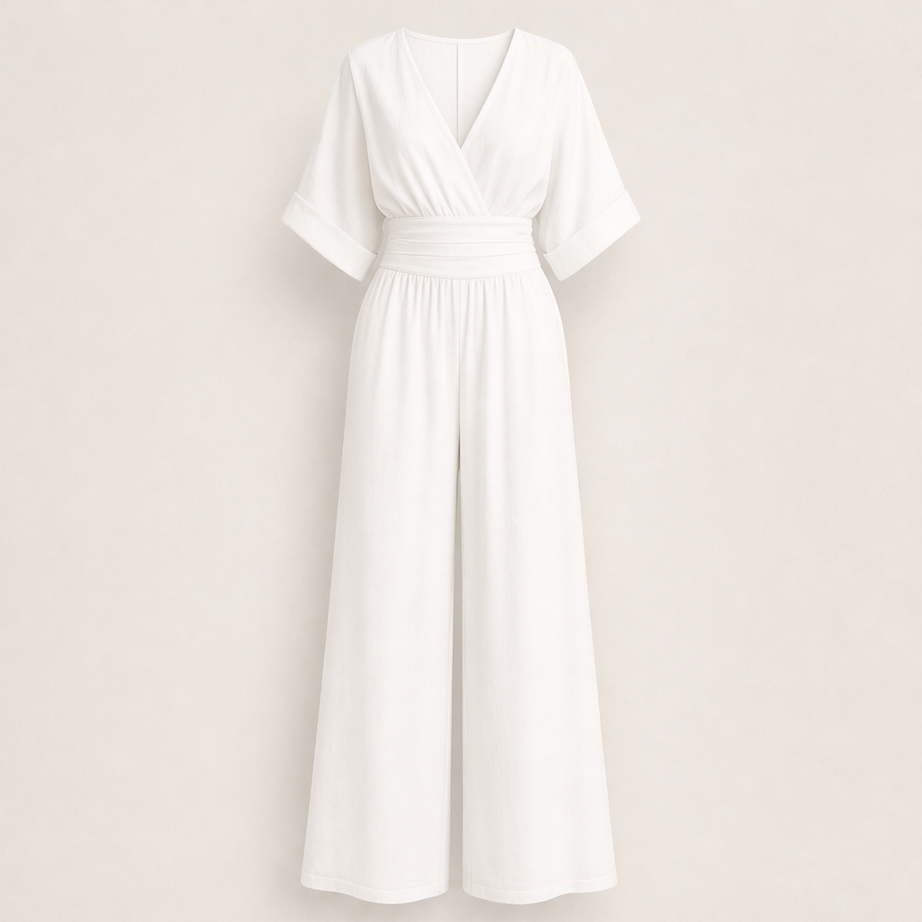 Venalia – Tuta Scollo a V Vita Alta Gamba Larga White