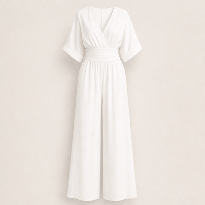 Venalia – Tuta Scollo a V Vita Alta Gamba Larga White