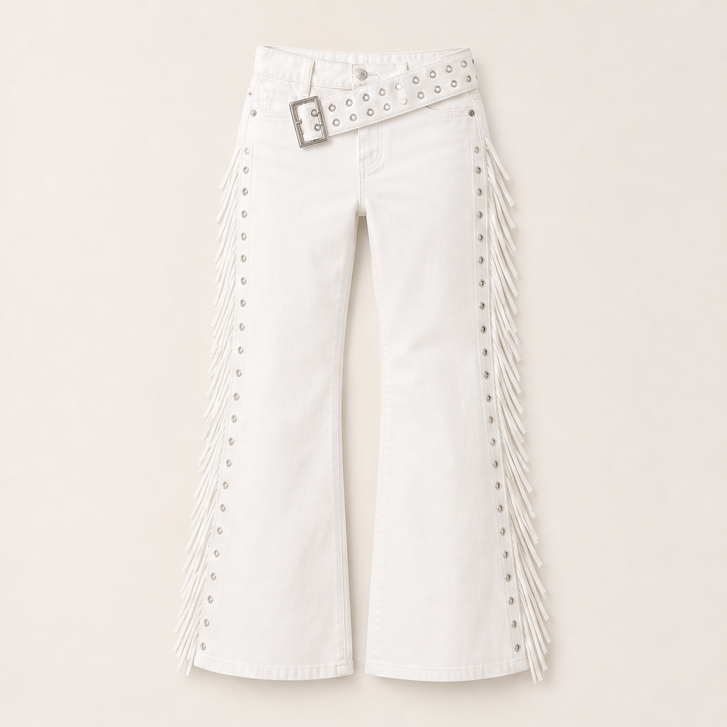 Franzella – Jeans Svasati a Frange Vita Alta White