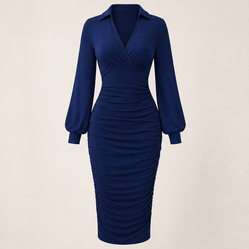 Velmira – Abito Bodycon Scollo a V Maniche a Lanterna Navy