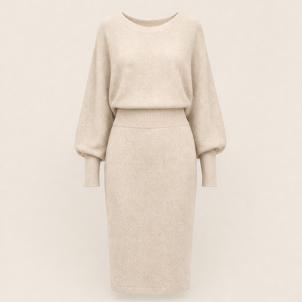Velmara – Abito Girocollo in Maglia a Manica Lunga Beige