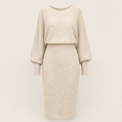 Velmara – Abito Girocollo in Maglia a Manica Lunga Beige