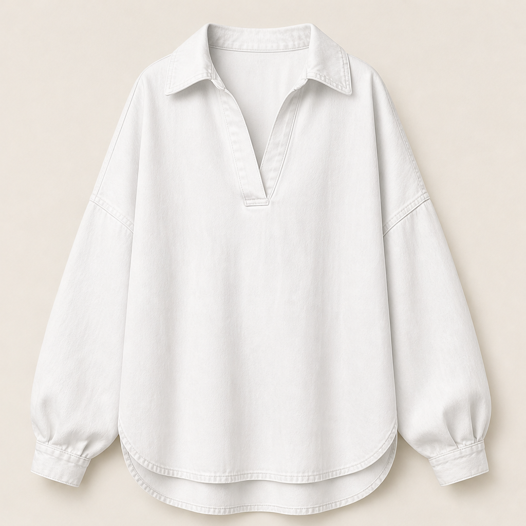 Vellira – Blusa Oversize in Denim Lavato con Scollo a V White