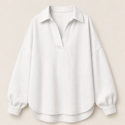 Vellira – Blusa Oversize in Denim Lavato con Scollo a V White