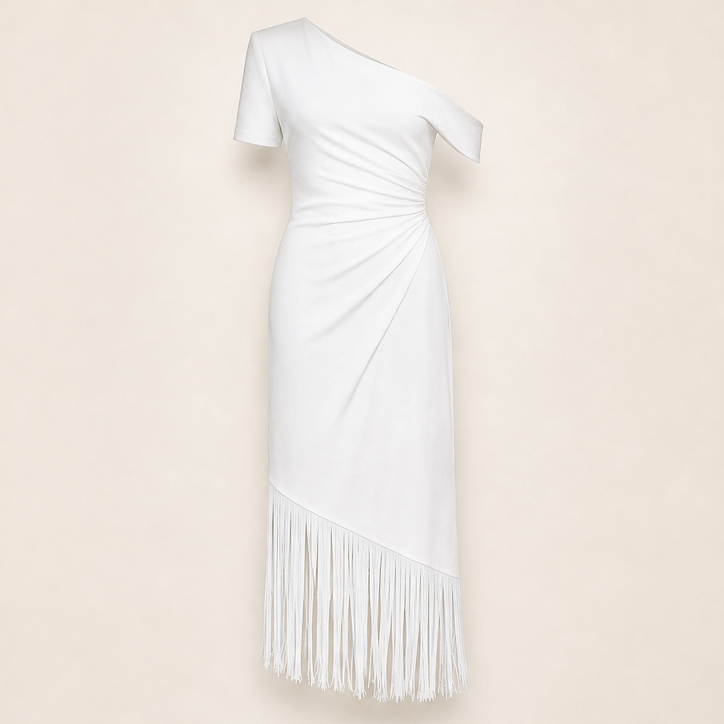 Velmira – Abito Midi Monospalla con Frange White