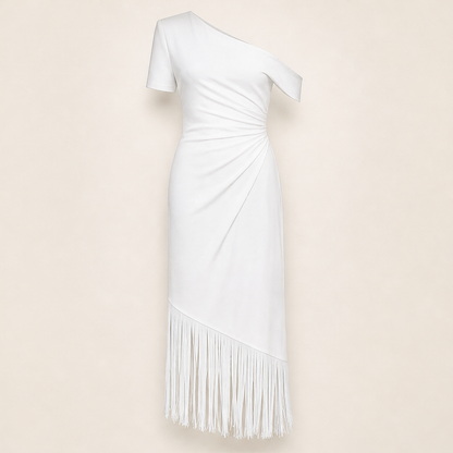 Velmira – Abito Midi Monospalla con Frange White