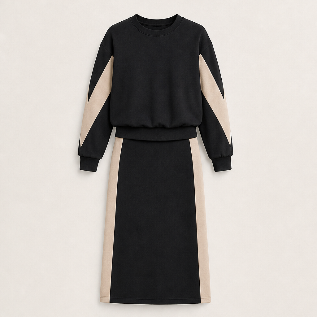 Varonne – Set Felpa e Gonna Midi a Contrasto Black