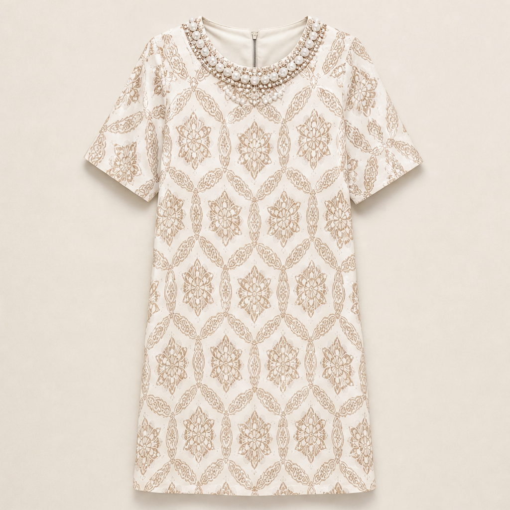Varelume – Abito Shift Stampa Vintage Perline Beige