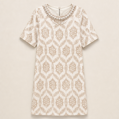 Varelume – Abito Shift Stampa Vintage Perline Beige