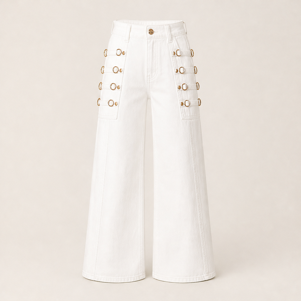 Vaquelia – Jeans a Vita Alta Gamba Larga con Fibbia White