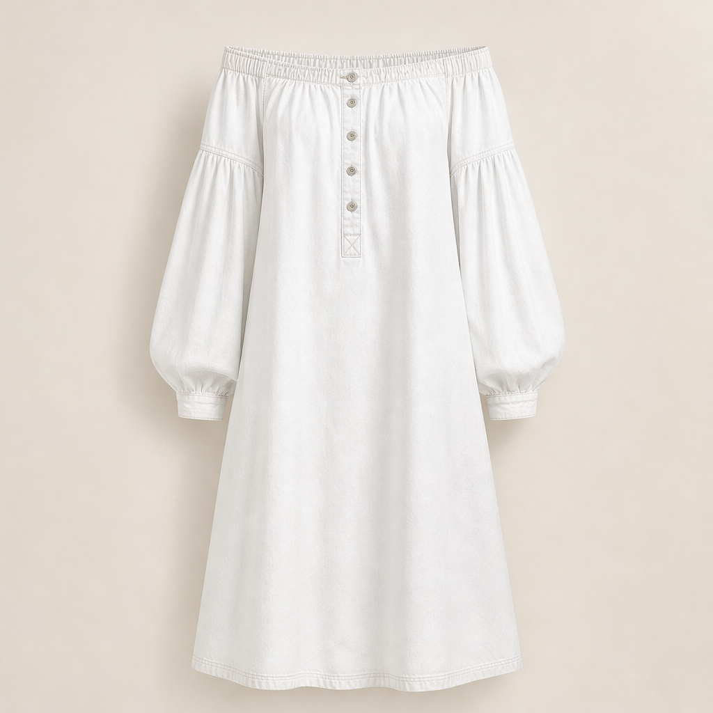 Verana – Abito Denim Spalle Scoperte Maniche a Palloncino White