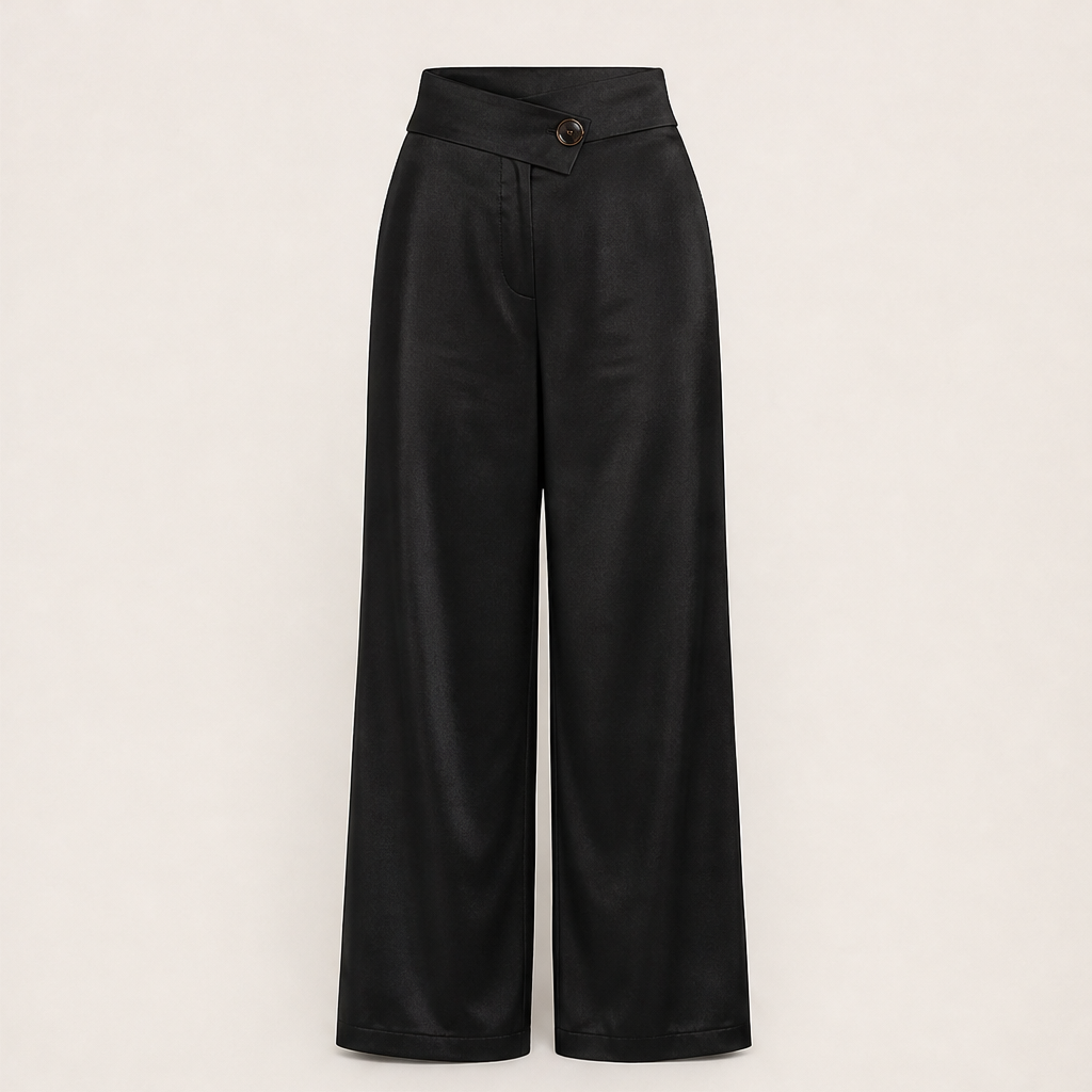 Velonia – Pantaloni in Raso Vita Asimmetrica Gamba Larga Black