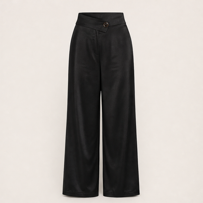 Velonia – Pantaloni in Raso Vita Asimmetrica Gamba Larga Black