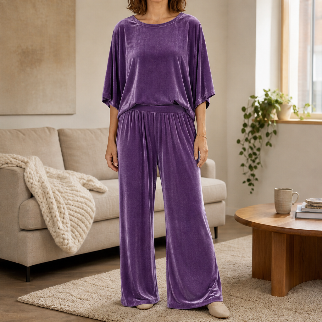 Velmora – Completo in Velluto Top e Pantaloni Palazzo Purple
