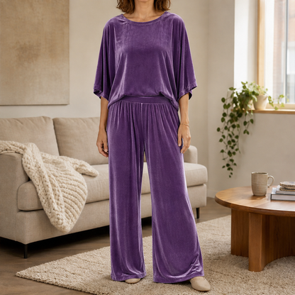 Velmora – Completo in Velluto Top e Pantaloni Palazzo Purple