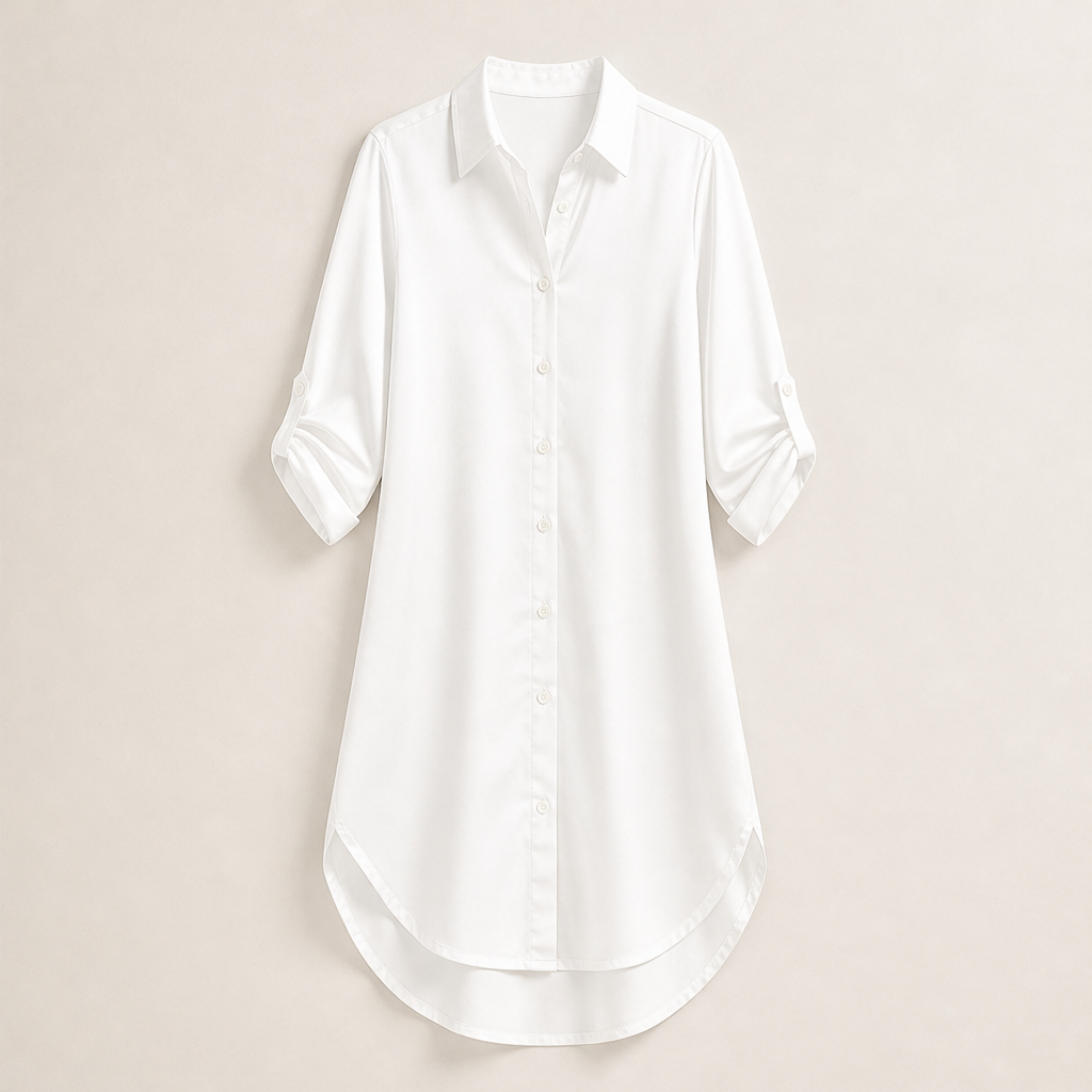 Lucenta – Camicia Lunga in Raso con Orlo Asimmetrico White