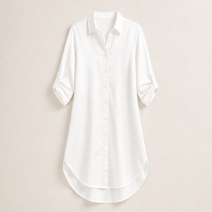 Lucenta – Camicia Lunga in Raso con Orlo Asimmetrico White