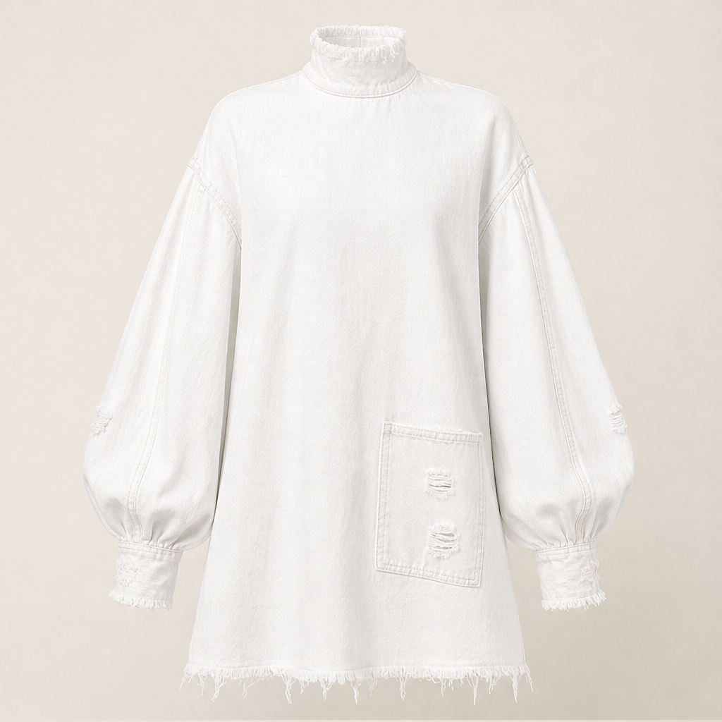 Varonne – Minivestito Oversize in Denim Collo Alto White