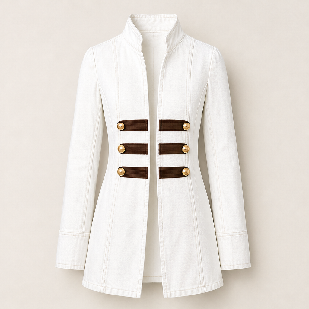 Varonne – Giacca Blazer Militare in Denim con Bottoni Dorati White