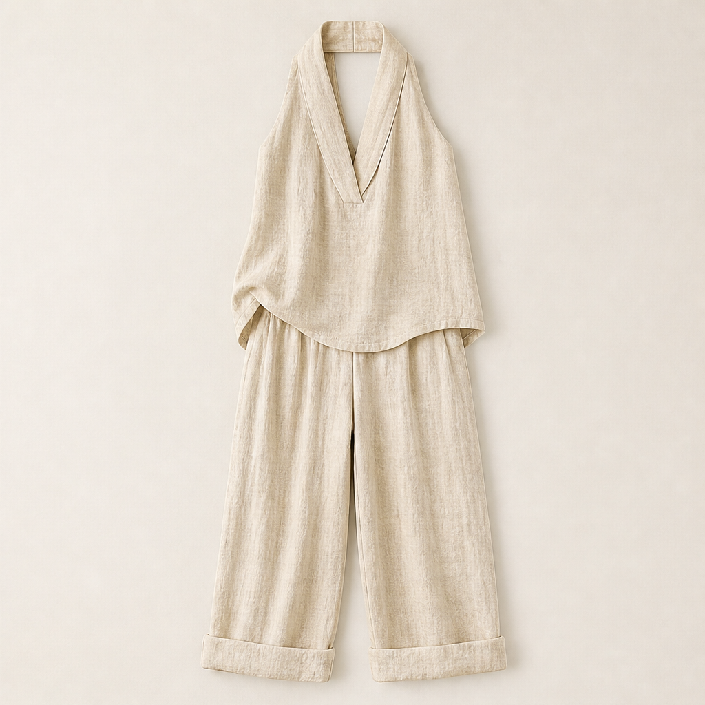 Serelia – Completo in Lino Top V e Pantaloni Larghi Beige