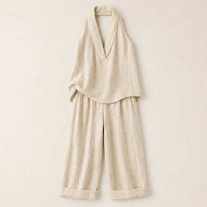 Serelia – Completo in Lino Top V e Pantaloni Larghi Beige