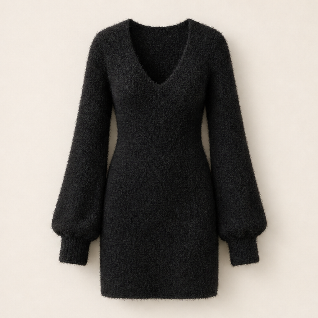 Morbiella – Minivestito in Maglia Fluffy Scollo a V Black
