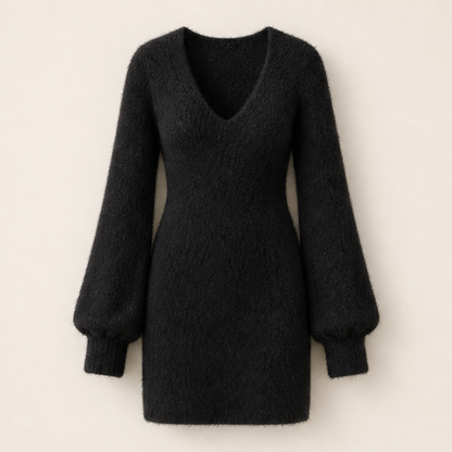 Morbiella – Minivestito in Maglia Fluffy Scollo a V Black